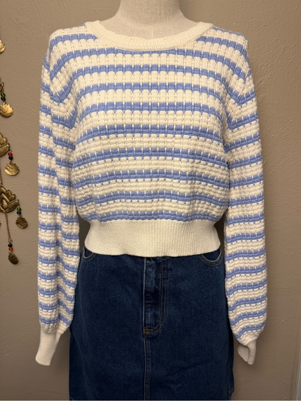 Altar'd State Serena Striped Puff Sleeve Cropped Cable Knit Sweater Size Large